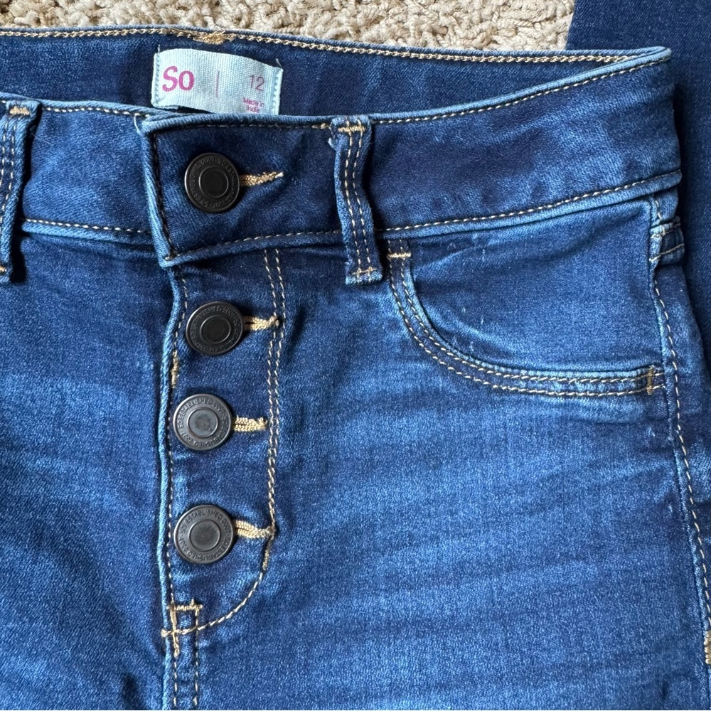 SO Blue Denim Stretch Skinny Jegging Jeans Faux Button Snap Closure Girls 12 - Picture 2 of 13